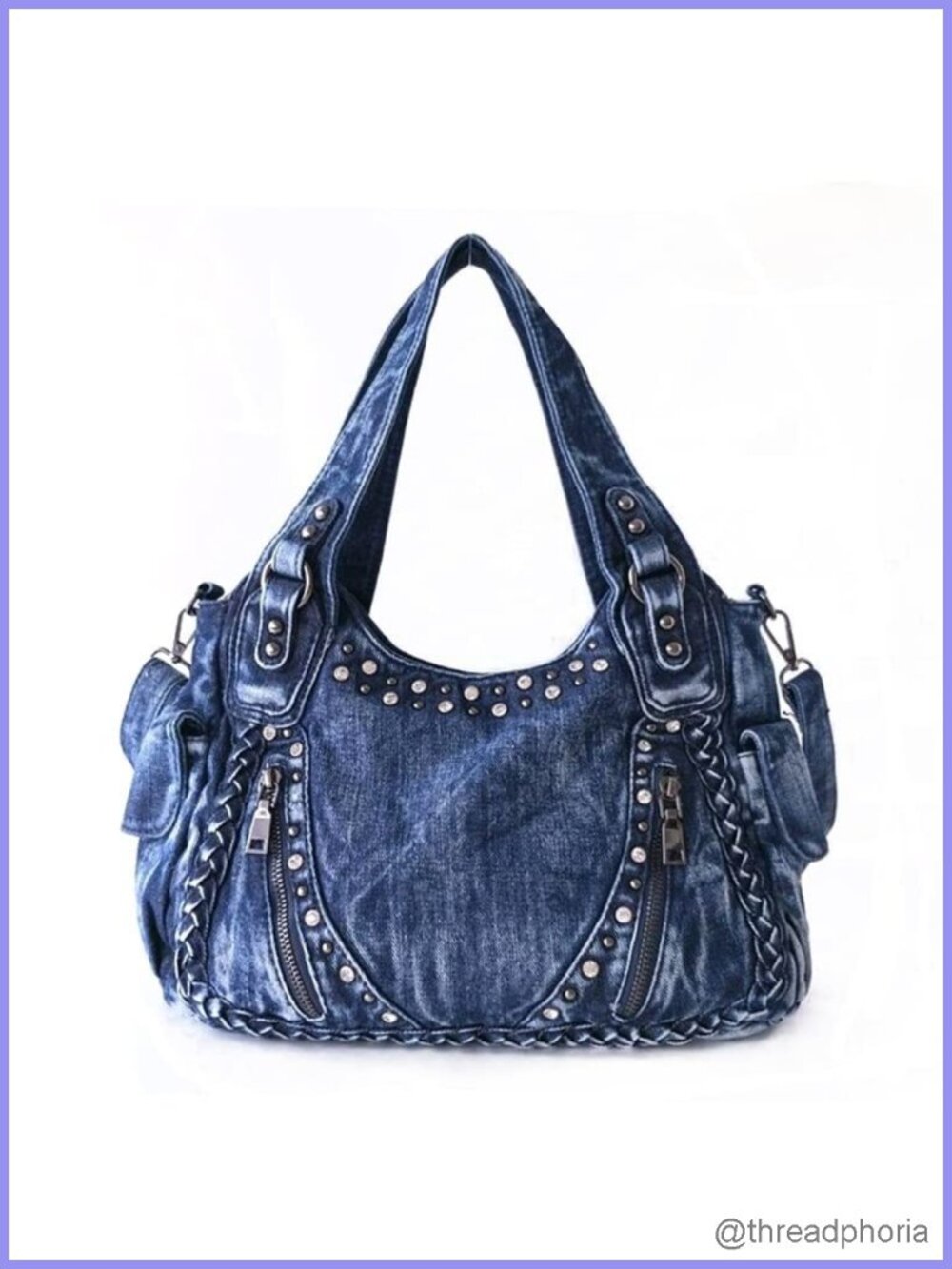 Denim Women Handbag Vintage Weave Rivet Casual Tote Crossbody Shoulder Bag